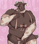 accessory adrian_(king_slabu) animal_print anthro balls barazoku big_balls big_muscles big_pecs big_penis bodily_fluids canid canine canis clothed clothing cow_print_armwear cow_print_legwear digital_media_(artwork) domestic_dog erection exclamation_point fingers fur furgonomics genital_fluids genitals hi_res horn horn_accessory huge_balls huge_pecs huge_penis humanoid_genitalia humanoid_penis king_slabu legwear male mammal mostly_nude musclegut muscular muscular_anthro muscular_male nipples open_mouth pattern_clothing pattern_legwear pecs penis pink_background simple_background solo spirit