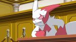  ace_attorney angry clenched_hands column commentary_request frown furry highres indoors matchstick_39 no_humans pillar pokemon pokemon_(creature) red_eyes rope sweat tail teeth white_fur zangoose 