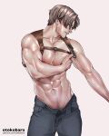  1boy abs artist_name bara black_pants brown_hair chest_harness harness highres large_pectorals leon_s._kennedy looking_at_viewer male_focus muscular muscular_male navel nipples open_fly open_pants otokobara pants patreon_username pectorals resident_evil resident_evil_4 short_hair simple_background solo sweat topless_male white_background 