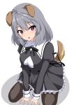  1girl :o animal_ears arm_support assault_lily bangs black_ribbon black_skirt breasts brown_pantyhose buttons commentary_request cropped_jacket dog_ears dog_girl dog_tail frilled_skirt frills grey_hair gungun_(hakutou7887) hair_between_eyes hata_matsuri head_tilt high-waist_skirt highres jewelry juliet_sleeves kemonomimi_mode kneeling light_blush long_sleeves looking_at_viewer medium_breasts medium_hair miniskirt neck_ribbon pantyhose parted_lips pink_eyes puffy_sleeves ribbon ring school_uniform simple_background skirt solo tail v_arms white_background yurigaoka_girls_academy_school_uniform 