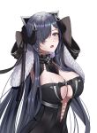  1girl absurdres arms_behind_head august_von_parseval_(azur_lane) azur_lane between_breasts black_dress black_hair black_horns breasts chinese_commentary cleavage curled_horns dress hair_over_one_eye highres horns large_breasts long_hair looking_at_viewer mechanical_horns open_mouth purple_eyes saliva simple_background solo strap_between_breasts very_long_hair white_background yuyu-lyf 