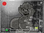  anthro areola avian beakless bib big_areola big_breasts big_nipples bird black_sclera breasts camera_view chicken digital_media_(artwork) eyelashes feathers female five_nights_at_freddy&#039;s five_nights_at_freddy&#039;s_2 galliform gallus_(genus) glowing glowing_eyes greyscale hands_behind_head head_feathers head_tuft huge_areola huge_breasts huge_nipples looking_at_viewer monochrome nipples phasianid pixel_(artwork) pose rosy_cheeks scottgames sharp_teeth solo tail_feathers teeth text toy_chica_(fnaf) tuft video_games white_eyes wide_hips windreg1 