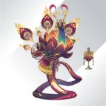  black_mask bottle commentary_request crown feather_hair feathers flower glowing_feather long_neck long_tail maruneko mask mini_crown multicolored_feathers no_humans original peacock_feathers pixiv_username scales snake_tail tail tassel very_long_tail 