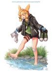  1girl ahoge animal_ears arknights bandaid bandaid_on_knee bandaid_on_leg bare_legs barefoot black_jacket black_shoes black_shorts blue_gloves blue_trim bow braid closed_eyes disposable_gloves english_commentary english_text feet gloves grass green_bow green_shirt green_shoes happy holding holding_shoes holding_sock holding_unworn_clothes hood hood_down id_card in_water jacket kicking kroos_(arknights) lanyard leather_belt long_eyelashes long_hair looking_down maxa' messy_hair multicolored_shoes open_mouth orange_hair patreon_username rabbit_ears rabbit_girl rhodes_island_uniform river rock shirt shoes shorts shoulder_strap signature simple_background smile soaking_feet socks solo splashing spread_toes standing standing_on_one_leg thigh_strap toes tube_socks unworn_shoes unworn_socks web_address white_background white_shoes white_socks wiggling_toes 