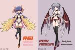  2girls :d bandages bat_wings blue_hair breasts chaya_mago choker commentary_request cosplay feathered_wings frills full_body grey_hair harpie_dancer harpie_dancer_(cosplay) harpie_queen harpie_queen_(cosplay) highres long_hair looking_at_viewer medium_breasts multiple_girls rain_megumi red_eyes revealing_clothes saotome_rei smile thighhighs vampire_grimson vampire_grimson_(cosplay) winged_arms wings yu-gi-oh! yu-gi-oh!_gx yu-gi-oh!_tag_force 