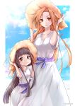  2girls artist_name asuna_(sao) black_hair blue_sky blunt_bangs blunt_ends blush border breasts brown_eyes brown_hair brown_hat child cleavage closed_mouth cloud cloudy_sky collarbone commentary_request dress grey_eyes hand_on_headwear hat highres long_dress long_hair looking_at_viewer matching_outfits medium_breasts mother_and_child mother_and_daughter multiple_girls outside_border parent_and_child parted_bangs parted_lips shi-2 short_sleeves sky small_breasts smile split_mouth sun_hat sundress sword_art_online twitter_username watermark white_border white_dress yui_(sao) 