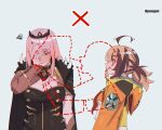  2girls ahoge armor black_dress brown_hair brown_streaks commentary covering_face crown dress english_commentary facepalm fellatio gigi_murin gigi_murin_(1st_costume) grey_background highres hololive hololive_english implied_futanari jacket lewd_security_verification looking_at_another low_twintails mori_calliope mori_calliope_(1st_costume) multicolored_hair multiple_girls oral orange_jacket pauldrons pink_hair pomuya profile red_eyes shoulder_armor simple_background spiked_pauldrons spikes squiggle streaked_hair twintails twitter_username virtual_youtuber 