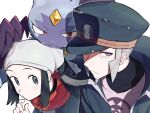  1boy 1girl akari_(pokemon) black_hat black_shirt closed_mouth eyelashes facial_hair frown goatee grey_eyes grey_hair hat headscarf highres ingo_(pokemon) jacket peaked_cap pearl_clan_outfit pokemon pokemon_(creature) pokemon_legends:_arceus red_scarf scarf shirt sidelocks simple_background sneasler umebosi_nigame white_background 