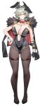  1girl :/ absurdres adapted_costume alternate_costume animal_ear_hairband animal_ears ass_visible_through_thighs black_horns black_jacket black_leotard black_pantyhose black_shoes bow bowtie breasts caesar_king_(zenless_zone_zero) casul center_opening cleavage closed_mouth clothes_writing collar collarbone commentary detached_collar english_commentary fake_animal_ears full_body fur-trimmed_jacket fur_trim green_hair hair_between_eyes hair_intakes hair_ornament hairband hand_on_own_hip highleg highleg_leotard highres horns jacket jacket_on_shoulders large_breasts leotard long_hair looking_at_viewer medium_hair no_prosthetic_arm open_clothes open_jacket pantyhose playboy_bunny prosthesis prosthetic_arm rabbit_ear_hairband rabbit_ears red_bow red_bowtie revision shoes simple_background solo standing strapless strapless_leotard thigh_strap thighs traditional_bowtie white_background white_collar white_wrist_cuffs wrist_cuffs x_hair_ornament yellow_eyes zenless_zone_zero 
