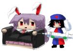  2girls alice_grimm animal_ears black_hair black_jacket blue_dress blue_hat closed_mouth collared_shirt commentary cosplay dress english_commentary hat highres holding holding_syringe inaba_tewi jacket large_syringe long_hair long_sleeves medium_hair multiple_girls necktie needle open_mouth oversized_object pink_skirt purple_hair rabbit_ears red_dress red_eyes red_necktie reisen_udongein_inaba shirt simple_background skirt syringe touhou two-tone_dress white_background white_shirt yagokoro_eirin yagokoro_eirin_(cosplay) 
