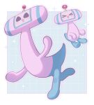  >_< 1boy :3 absurdres antennae beyond_(katamari_damacy) black_eyes blue_background blush border chibi chibi_inset commentary_request grid_background highres katamari_damacy long_neck multiple_views outline outside_border outstretched_arms running sparkle sparkling_aura spread_arms triangle_nose umm15 white_border white_outline 