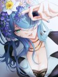  1girl aqua_eyes blue_hair bra breasts cleavage collarbone commentary cross-shaped_pupils elira_pendora gradient_background hair_over_one_eye highres jewelry lace lace_bra large_breasts long_hair looking_at_viewer naochang90 necklace nijisanji nijisanji_en solo suit symbol-shaped_pupils underwear untranslatable_commentary virtual_youtuber 