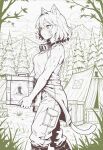  1girl animal_ear_fluff animal_ears arknights bare_shoulders blush boots box breasts caffichai carrying cat_ears cat_girl cat_tail cloud cloudy_sky commission crate feet_out_of_frame forest goggles goggles_around_neck greyscale highres holding holding_box material_growth monochrome mountain nature original originium_(arknights) oripathy_lesion_(arknights) outdoors pants pocket rhodes_island_logo_(arknights) short_hair sky small_breasts solo spot_color sweat tail tank_top tent walking yellow_eyes 