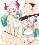  1girl blue_hair breasts cleavage closed_eyes dashi earrings green_hair highres horns jewelry multicolored_hair multicolored_horns multiple_views one_piece open_mouth shirt simple_background white_hair white_shirt yamato_(one_piece) 