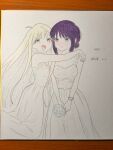  2girls absurdres ahoge blush bracelet brown_eyes cho_kaguya-hime! closed_mouth colored_pencil_(medium) commentary_request dress green_eyes highres jewelry kaguya_(cho_kaguya-hime!) logo multiple_girls purple_hair rara_(pixiv_123681336) sakayori_iroha sleeveless sleeveless_dress strapless strapless_dress traditional_media wedding_dress white_background white_dress yuri 