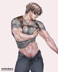  1boy abs artist_name bara black_pants brown_hair chest_harness grey_shirt harness highres large_pectorals leon_s._kennedy looking_at_viewer male_focus muscular muscular_male navel open_fly open_pants otokobara pants patreon_username pectorals resident_evil resident_evil_4 shirt short_hair simple_background solo sweat white_background 