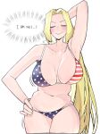  1girl american_flag american_flag_bikini american_flag_print armpits bangs bikini blonde_hair breasts cleavage collarbone flag_print highres large_breasts long_hair looking_at_viewer navel ohasi original simple_background smile solo swimsuit white_background 