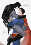  2boys arms_around_neck bandages batman batman_(series) black_cape black_gloves black_hair blood blood_on_bandages blue_bodysuit bodysuit briefs cape carrying carrying_person commentary cowl dc_comics english_text eye_contact from_side gloves grey_background grey_bodysuit highres injury looking_at_another male_focus male_underwear multiple_boys quanyou_1103 red_cape short_hair short_sideburns sideburns speech_bubble standing superman superman_(series) underwear 