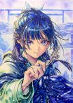  1girl artist_name blue_eyes blue_hair bow chinese_clothes cocomaru_s colored_pencil_(medium) commentary_request green_hanfu hair_bow hair_ornament half_updo hanfu highres holding_hairpin kusuriya_no_hitorigoto long_hair long_sleeves looking_at_viewer maomao_(kusuriya_no_hitorigoto) signature solo traditional_media upper_body 