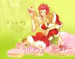  2boys alternate_costume ankle_ribbon arm_around_shoulder axel_(kingdom_hearts) barefoot blonde_hair blue_eyes blush cake cake_slice cherry chinese_commentary christmas collared_shirt commentary_request deviantart_username english_commentary facial_mark food fruit full_body fur-trimmed_gloves fur-trimmed_headwear fur-trimmed_jacket fur-trimmed_pants fur_trim gift gloves green_background green_eyes hair_slicked_back hand_up hat holding holding_cake holding_food illbewaiting jacket kingdom_hearts knees_up leg_ribbon looking_at_another male_focus mixed-language_commentary multiple_boys open_mouth pants pink_ribbon puffy_pants red_gloves red_hair red_hat red_jacket red_pants ribbon roxas santa_costume santa_hat shirt short_hair sitting smile spiked_hair tongue tongue_out translation_request white_shirt yaoi 