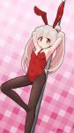  1girl absurdres ahoge animal_ears armpits arms_behind_head arms_up artist_name bare_arms bare_shoulders black_pantyhose breasts colored_inner_hair commentary covered_navel detached_collar fake_animal_ears fake_tail foot_out_of_frame grey_hair grid_background happyundergate highres leotard light_blush long_hair multicolored_hair necktie onii-chan_wa_oshimai! oversized_breast_cup oyama_mahiro pantyhose pink_background pink_hair playboy_bunny pole rabbit_ears rabbit_tail red_leotard red_necktie short_necktie simple_background small_breasts solo stripper_pole tail twitter_username two-tone_hair 