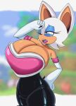  2026 anthro armwear bat big_breasts biped blurred_background bodily_fluids breasts cleavage clothed clothing digital_media_(artwork) elbow_gloves eyebrows eyelashes eyeshadow facial_tuft female gloves hand_on_hip handwear hi_res huge_breasts lipstick makeup mammal multicolored_body nadrex nadx_altra one_eye_closed open_mouth rouge_the_bat sega small_waist solo sonic_the_hedgehog_(series) sweat tail tan_body teeth three-quarter_view tuft white_body 