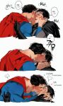  2boys absurdres batman batman_(series) black_cape black_hair blue_bodysuit blush bodysuit bruce_wayne cape chamsut0905 clark_kent closed_eyes dc_comics french_kiss grey_bodysuit hand_on_another's_face highres kiss male_focus multiple_boys muscular muscular_male red_cape saliva short_hair superhero_costume superman superman_(series) superman_logo white_background yaoi 