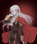  1girl arm_at_side ascot bangs black_jacket black_shorts cape eatupall edelgard_von_hresvelg fire_emblem fire_emblem:_three_houses frilled_shirt_collar frills gloves hair_ribbon hand_in_own_hair jacket long_hair long_sleeves looking_to_the_side military military_uniform pantyhose parted_bangs profile purple_eyes red_background red_cape red_pantyhose ribbon shorts solo standing uniform upper_body white_ascot white_gloves white_hair 