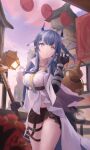  1girl absurdres arknights black_gloves blue_eyes blue_hair braid breasts cape earrings gloves highres horns jewelry large_breasts ling_(arknights) long_hair midriff_peek moshi_ruo pointy_ears polearm short_shorts shorts solo thighs waist_cape weapon white_cape 