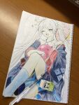  1girl absurdres art_tools_in_frame blue_eyes blue_kimono blue_socks cho_kaguya-hime! colored_pencil_(medium) commentary_request hair_rings highres japanese_clothes kimono looking_at_viewer off_shoulder one-piece_swimsuit open_mouth rara_(pixiv_123681336) red_umbrella runami_yachiyo socks solo swimsuit traditional_media twintails umbrella white_hair 