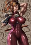  1girl abs absurdres bodysuit breasts brown_eyes brown_hair commentary covered_abs english_commentary highres large_breasts latex looking_at_viewer muscular muscular_female ninja parted_lips ponytail red_bodysuit sadlife solo soulcalibur taki_(soulcalibur) 