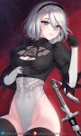  1girl black_gloves black_hairband black_thighhighs blue_eyes breasts cleavage cleavage_cutout clothing_cutout commentary_request gloves groin hairband hand_up helloimtea highres juliet_sleeves large_breasts long_sleeves nier_(series) nier_automata puffy_sleeves short_hair solo sword thighhighs weapon white_hair yorha_no._2_type_b 