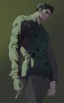  1boy 1thousand9 absurdres arms_at_sides black_hair coat dress_shirt formal green_background grey_pants highres looking_ahead male_focus muscular muscular_male original pants serious shirt short_hair standing trench_coat 