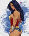  1girl american_flag american_flag_print ass bare_back black_hair blue_eyes bracer breasts commentary dc_comics english_commentary eyelashes facing_to_the_side flag_print from_side gold_tiara hands_on_own_hips highres large_breasts leotard light_smile lipstick long_hair looking_at_viewer luis_xiii makeup multicolored_leotard parted_lips patreon_username red_lips simple_background standing strapless strapless_leotard superhero_costume tiara toned toned_female western_comics_(style) wonder_woman wonder_woman_(series) 