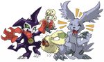  anthro bandai_namco bandanna bosamon claws clothing demon digimon digimon_(species) doll feral fluffy fur gazimon gloves grey_body grey_fur group hair hair_over_eyes handwear impmon kerchief laugh long_ears portugueselynx purple_body purple_fur symbareangoramon teasing trio waddling_head 