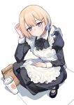  1girl aningay apron arm_up bag black_bow black_dress black_shoes blonde_hair blue_eyes blue_hair blush bow breasts burger_king collared_dress commentary_request copyright_request cup disposable_cup dress frilled_apron frills full_body hair_ornament hairclip highres juliet_sleeves korean_commentary long_sleeves looking_at_viewer maid maid_apron multicolored_hair pantyhose paper_bag puffy_sleeves shadow shoes simple_background small_breasts smile solo squatting two-tone_hair white_apron white_background white_pantyhose 