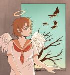  1girl angel angel_wings artist_name awwria bare_tree bird brown_eyes brown_hair commentary english_commentary feathered_wings haibane_renmei halo highres neckerchief orange_sailor_collar rakka_(haibane_renmei) sailor_collar shirt short_hair short_sleeves solo traditional_halo tree white_shirt window wings 