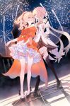  2girls absurdres aerial_fireworks arms_behind_back bare_shoulders black_boots black_shoes blonde_hair blue_sky blush boots bow braid breasts commentary_request detached_sleeves dress drill_hair dutch_angle fireworks fishofthelakes frilled_dress frills full_body genshin_impact hair_bow hand_on_another's_waist high_heels high_ponytail highres jewelry looking_at_another lumine_(as_heaven_and_earth_are_made_anew)_(genshin_impact) lumine_(genshin_impact) medium_breasts multiple_girls necklace night official_alternate_costume open_mouth orange_dress ponytail puffy_sleeves shoes sidelocks sky standing thigh_boots white_bow white_dress yellow_background yellow_eyes yoimiya_(genshin_impact) yoimiya_(resplendent_feast)_(genshin_impact) 