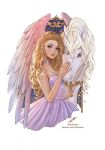  1girl animal annika_(barbie) barbie_(character) barbie_(franchise) barbie_and_the_magic_of_pegasus barbie_movies bell blonde_hair blue_eyes breasts choker cleavage collar curly_hair dress highres horse long_hair looking_at_viewer moon pegasus princess purple_dress sleeveless sleeveless_dress tiara toshiasan wings 