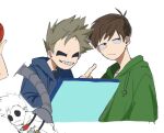  2boys animification antenna_hair black_eyes blue_hoodie bored brown_hair drawstring edd_(eddsworld) eddsworld green_hoodie grin hair_behind_ear hollow_eyes hood hood_down hoodie jitome long_sleeves looking_to_the_side male_focus mooottiiii multiple_boys paint_chat_(medium) short_hair simple_background sketch sketch_inset smile spiked_hair tom_(eddsworld) white_background 
