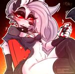  anthro breasts canid canid_demon canine canis clothed clothing collar cum.cat demon digital_media_(artwork) female fur hair hellhound helluva_boss hi_res loona_(helluva_boss) mammal nipples nude red_sclera simple_background solo white_body white_fur wolf 
