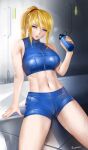  1girl abs bangs blonde_hair blue_eyes bottle breath dripping easonx hand_on_floor head_tilt highres holding holding_bottle indoors lips looking_at_viewer metroid midriff navel nintendo parted_lips ponytail samus_aran short_shorts shorts sidelocks sitting sleeveless sports_bra sportswear sweat sweaty_clothes thighs underwear water_bottle wet zipper 