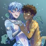  2boys air_bubble blue_eyes blue_hair brown_eyes brown_hair bubble castle_swimmer dark-skinned_male dark_skin english_commentary fish hair_between_eyes highres holding_hands isakysaku kappa_(castle_swimmer) light_blue_hair looking_at_another male_focus merman monster_boy multiple_boys open_mouth pointy_ears scales sharp_teeth short_hair siren_(castle_swimmer) teeth topless_male underwater yaoi 