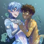  2boys blue_eyes blue_hair brown_eyes brown_hair bubble castle_swimmer dark-skinned_male dark_skin fish hair_between_eyes highres holding_hands isakysaku kappa_(castle_swimmer) light_blue_hair looking_at_another merman monster_boy multiple_boys open_mouth pointy_ears scales sharp_teeth short_hair siren_(castle_swimmer) teeth topless_male underwear webtoon yaoi 