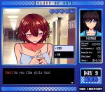  2girls affection_meter aqua_hoodie ari_(class_of_09) bare_shoulders black_hair blue_eyes blush character_name class_of_09 closed_mouth collarbone dialogue_options english_text hallway heart highres hood hoodie indoors kiminkiis looking_at_viewer looking_to_the_side multiple_girls nicole_(class_of_09) open_mouth options pixel_art pixel_text portrait purple_eyes red_hair school score shirt short_hair sleeveless sleeveless_shirt video_game_dialogue_box visual_novel wavy_mouth white_shirt 