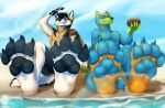  4_toes anthro barefoot beach black_pawpads blue_pawpads canid canine canis claws coconut dannydumal drupe_(fruit) feet food foot_focus fruit male male/male mammal pawpads paws plant sand sea seaside soles solo takesu toes water wave wolf 