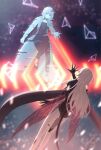  1girl absurdres commentary_request from_behind grey_hair hand_up highres hologram long_hair pink_wings reaching rubilia_(tower_of_fantasy) short_hair solo solo_focus tail tower_of_fantasy user_pexw4223 wings 