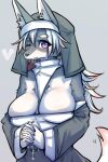  &lt;3 5_fingers anthro big_breasts breasts canid canine canis cheek_tuft chest_tuft cleavage clothed clothing cross digital_media_(artwork) facial_tuft female fingers fur grey_body grey_fur hair hi_res huge_breasts mammal nun nun_habit nun_outfit okami_bark one_eye_closed ookamiwaho purple_eyes simple_background smile solo tight_clothing tuft white_body white_fur wink wolf 
