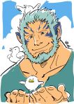  1boy animal_ears animal_on_head animal_on_shoulder beard bird bird_on_hand bird_on_head bird_on_shoulder blue_hair closed_mouth commentary_request facial_hair fire_emblem fire_emblem:_path_of_radiance male_focus mordecai_(fire_emblem) on_head shirako_(kirupi) short_hair smile solo thick_neck 