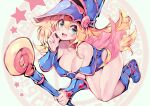  1girl blonde_hair boots breasts cleavage dark_magician_girl full_body green_eyes large_breasts long_hair open_mouth parororo smile solo staff star_(symbol) teeth thighs upper_teeth yu-gi-oh! 